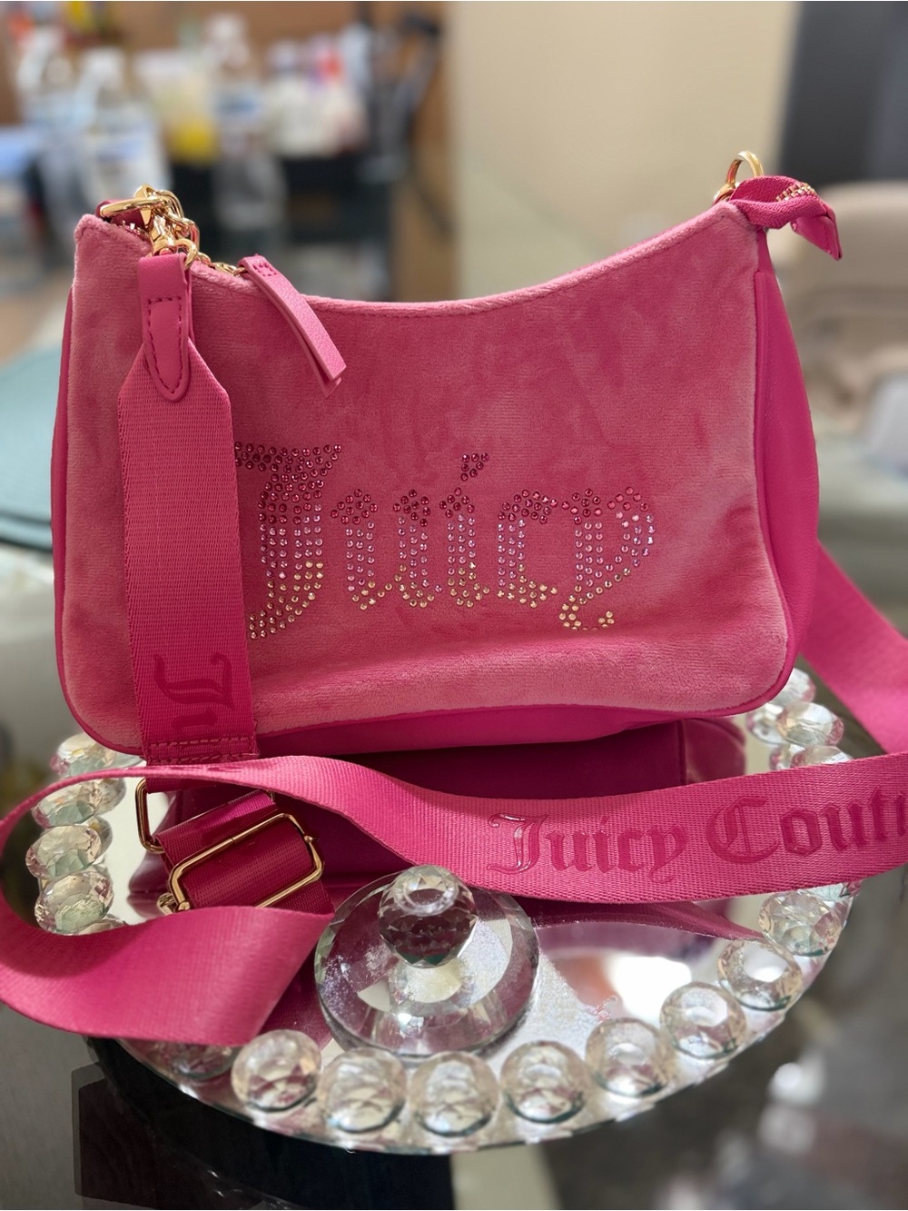 Juicy Couture Pink Suede Shoulder Bag with Jeweled Logo